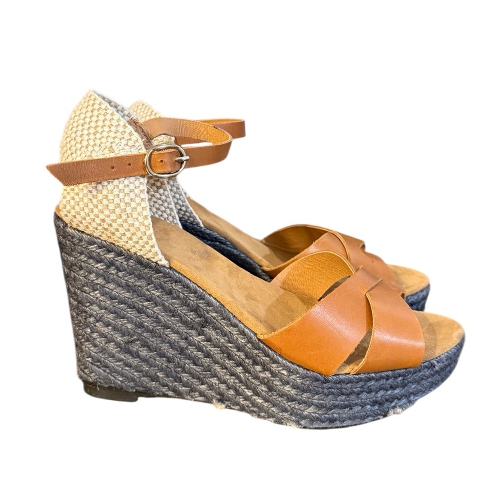 Maypole Brown/Navy Blue Espadrille Wedge Heels Size 8 - Picture 1 of 8
